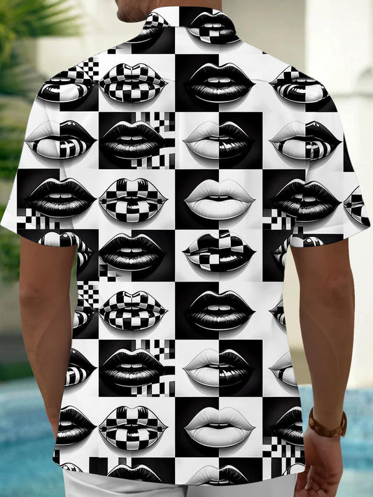 Black White Lips Print Men's Pocket Short Sleeve Shirts