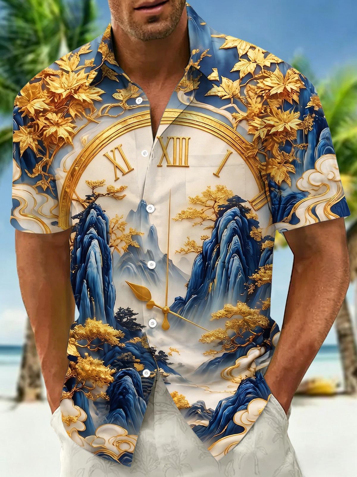 Art Gold Foil Mountain Scenery Clock Men's Pocket Short Sleeve Shirts