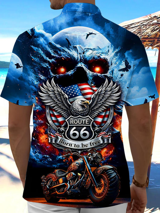 Dark Route 66 Skull Motorcycle Men's Pocket Short Sleeve Shirts
