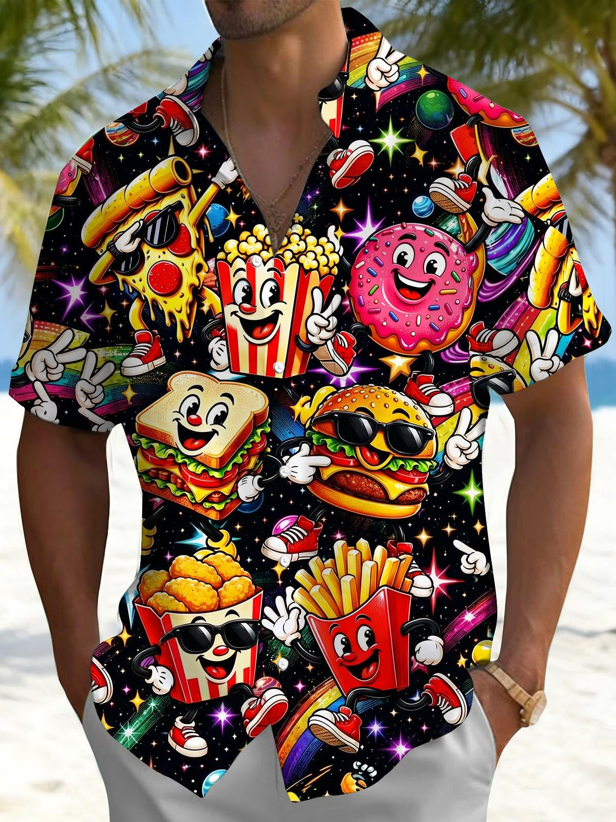 Food Hamburgers French Fries Popcorn Donut Print Men's Pocket Short Sleeve Shirts