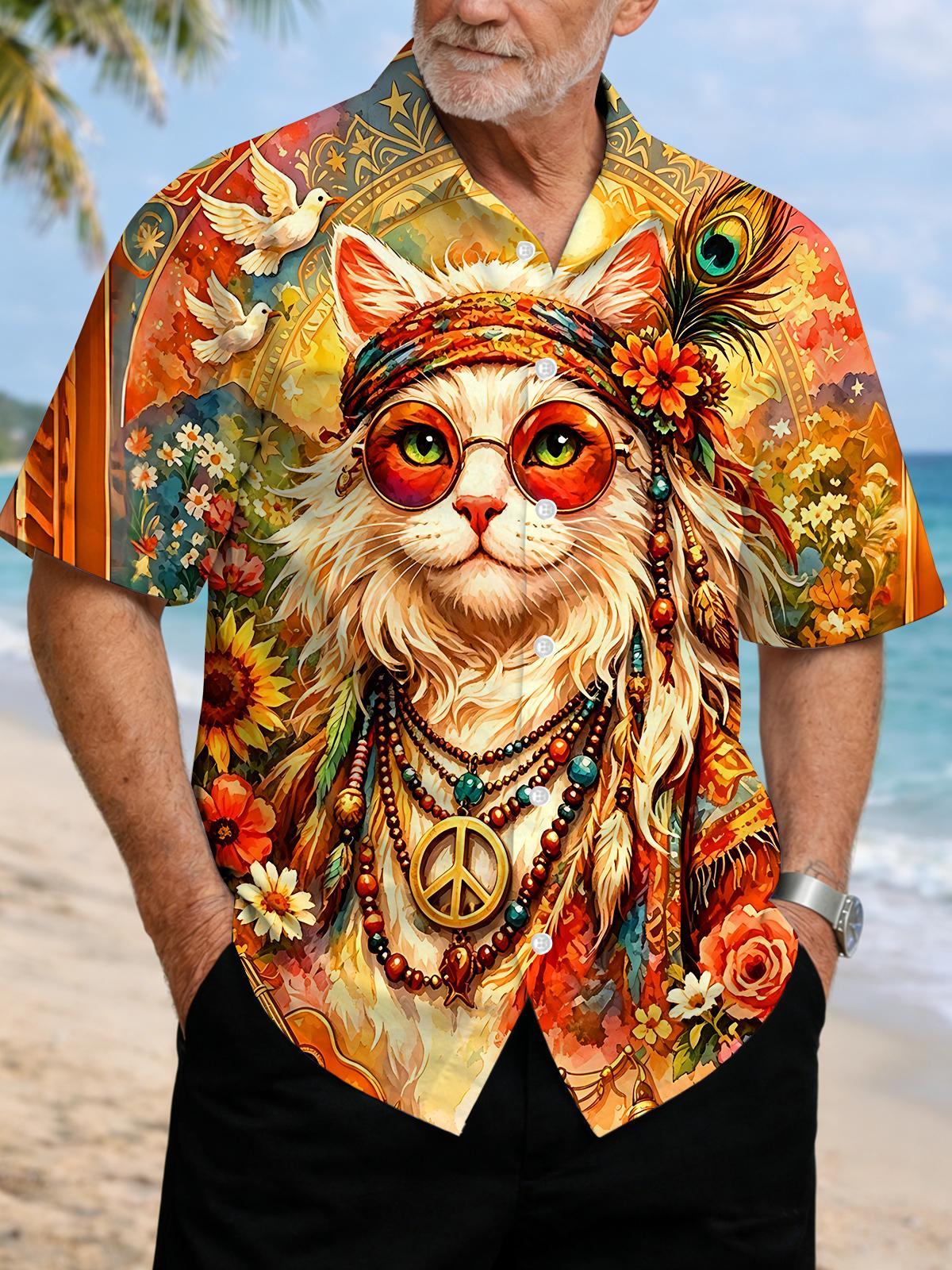 Boho Peace Hippie Cat Men's Pocket Short Sleeve Shirts