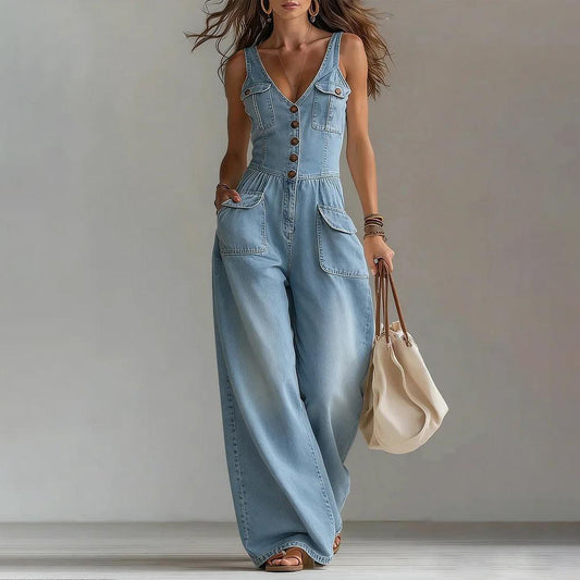 Denim Jumpsuits for Women V Neck Mid Waist Denim Sleeveless Wide Leg Jumpsuit with Pocket for Daily Wear unusual