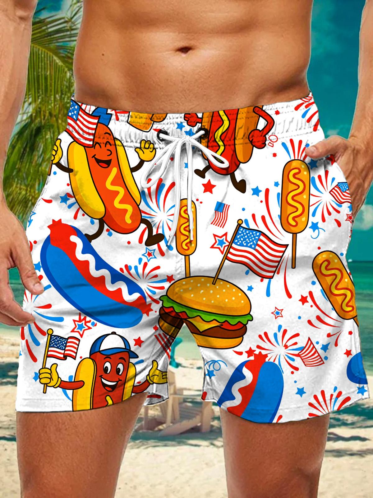 American Flag Hot Dog Burger Funny Print Men's Print Pocket Shorts