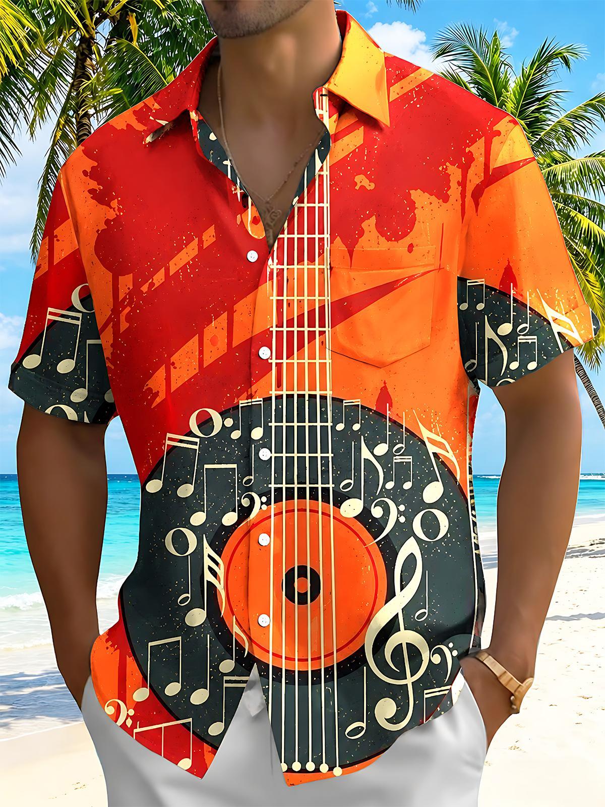 Vintage Vinyl Guitar Music Note Men's Pocket Short Sleeve Shirts