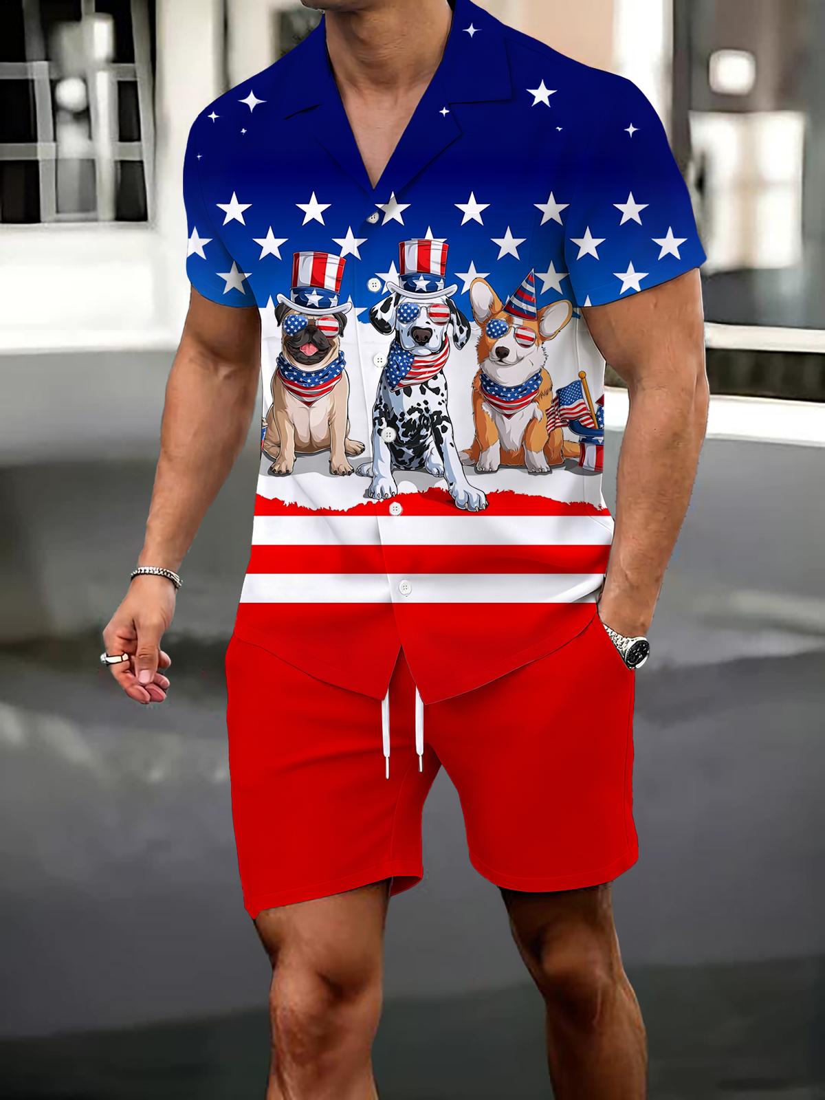 Independence Day Dog Print Men's Pocket Short Sleeve Shirts
