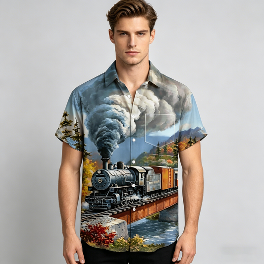 Travel Train Short Sleeve Men's Shirts With Pocket