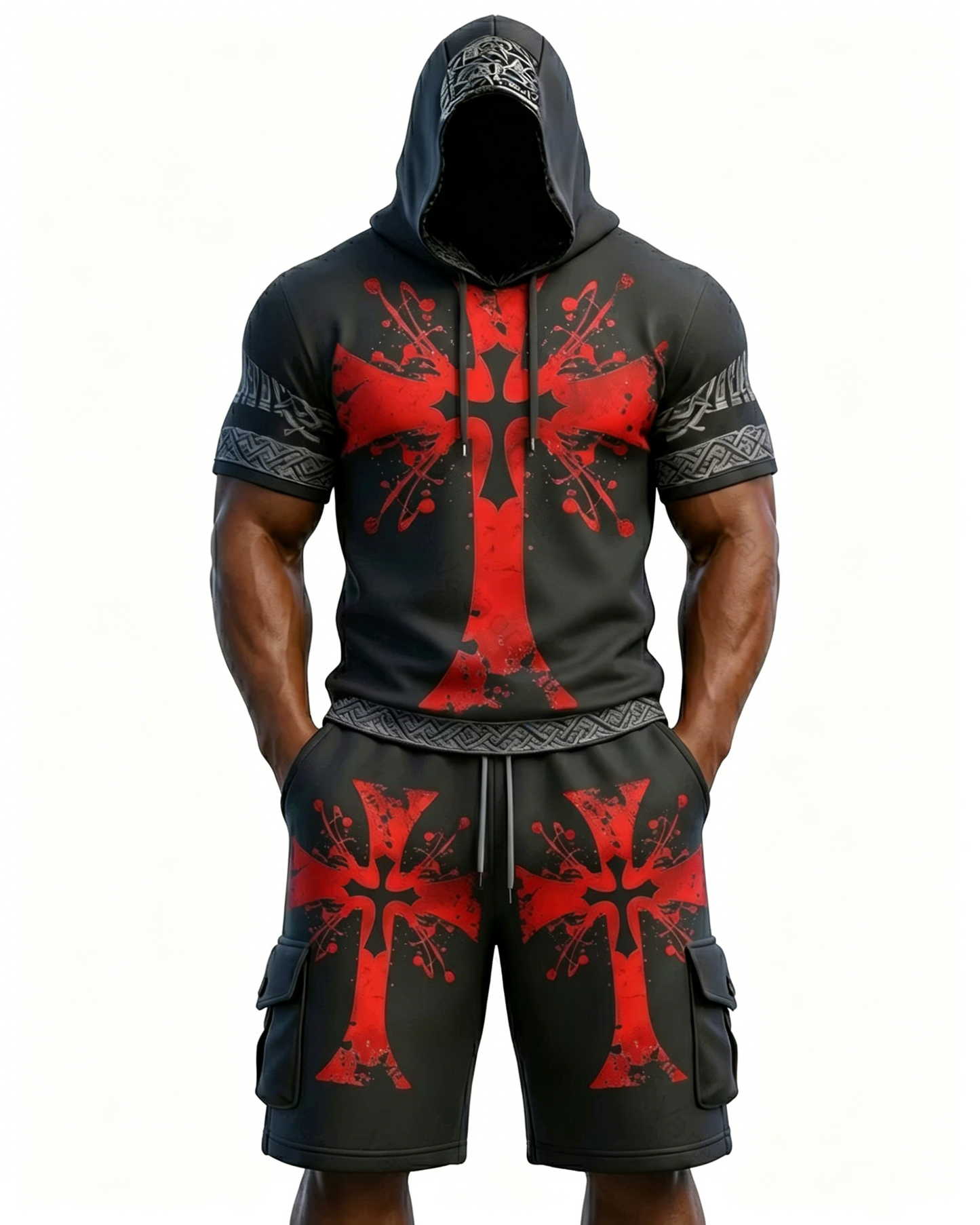 Men's Viking Contrast Color Cross Embroidered Short-Sleeve Hoodie & Shorts Two-Piece Set