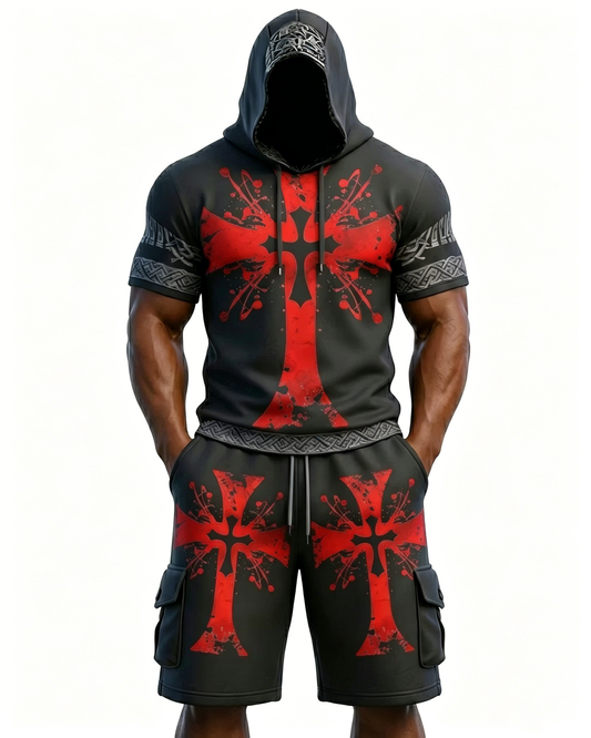Men's Viking Contrast Color Cross Embroidered Short-Sleeve Hoodie & Shorts Two-Piece Set