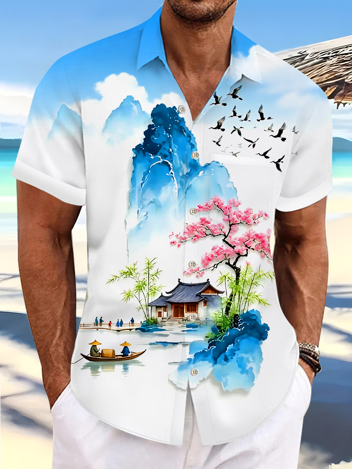 Art Landscape Ink Wash Mountains And Floral Men's Pocket Short Sleeve Shirts