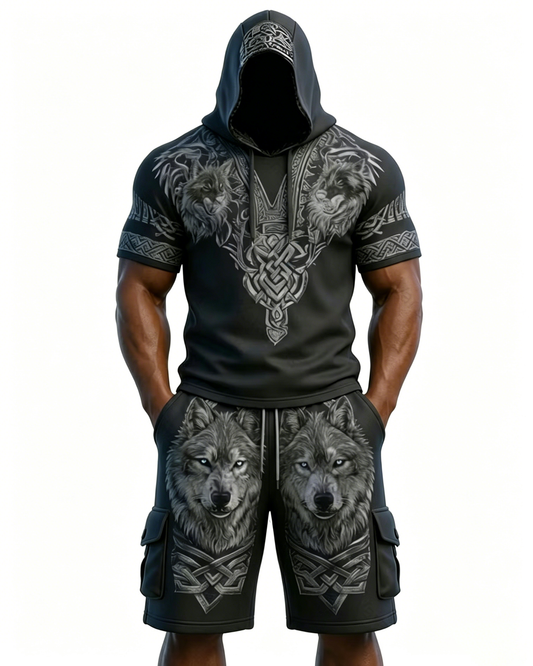 Men's Viking Contrast Color Wolf Embroidered Short-Sleeve Hoodie & Shorts Two-Piece Set