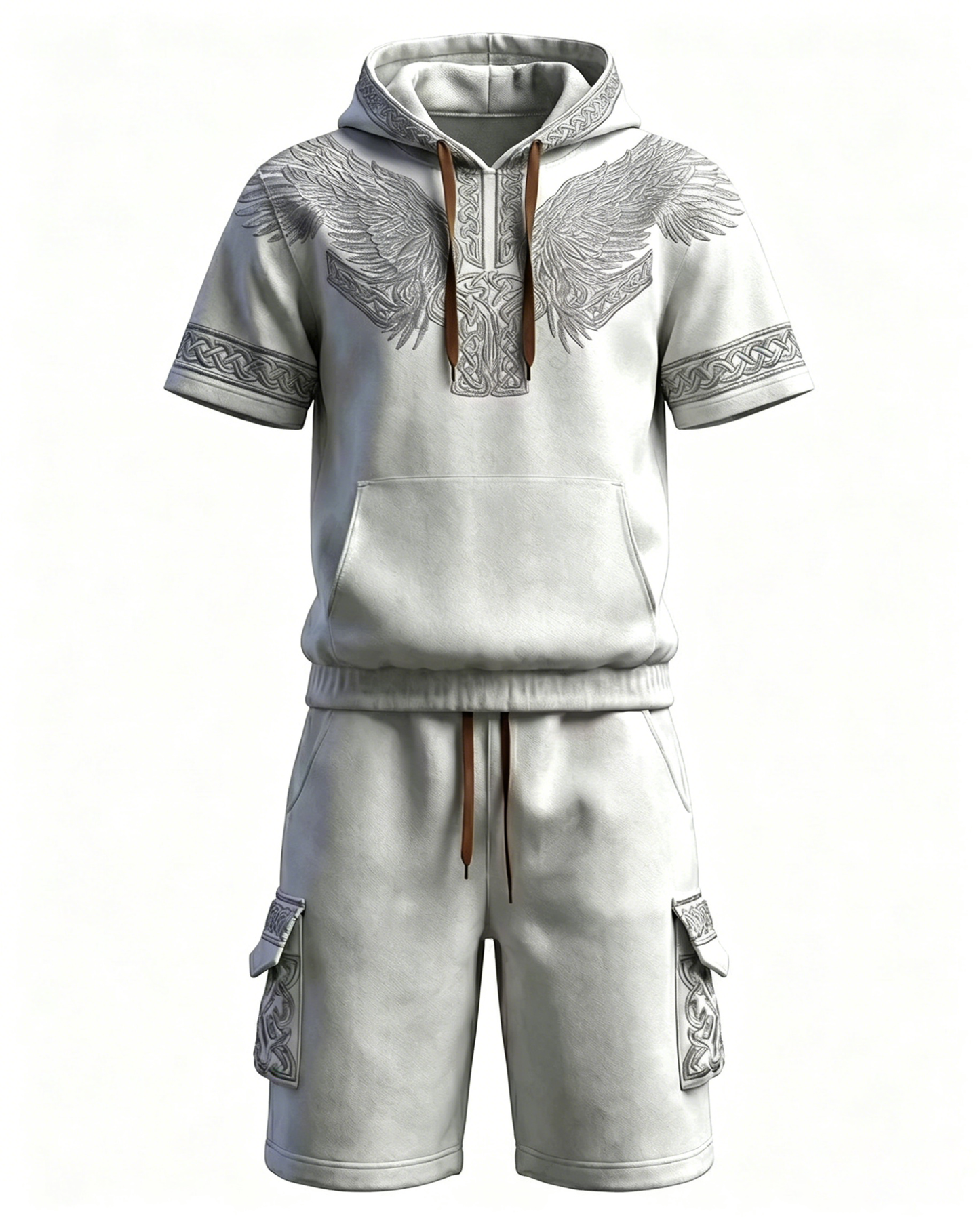 Men's Fashion Viking Embroidered Short-Sleeve Hoodie & Shorts Two-Piece Set
