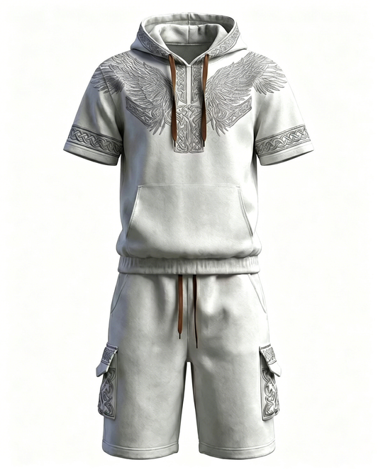 Men's Fashion Viking Embroidered Short-Sleeve Hoodie & Shorts Two-Piece Set