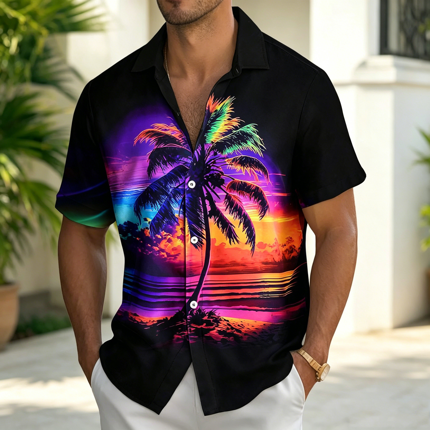 Mens Hawaiian Shirts Palm Tree Sunset Casual Shirts Short Sleeve Beach Vacation Clothes for Travel Vacation Daily Wear agreeable