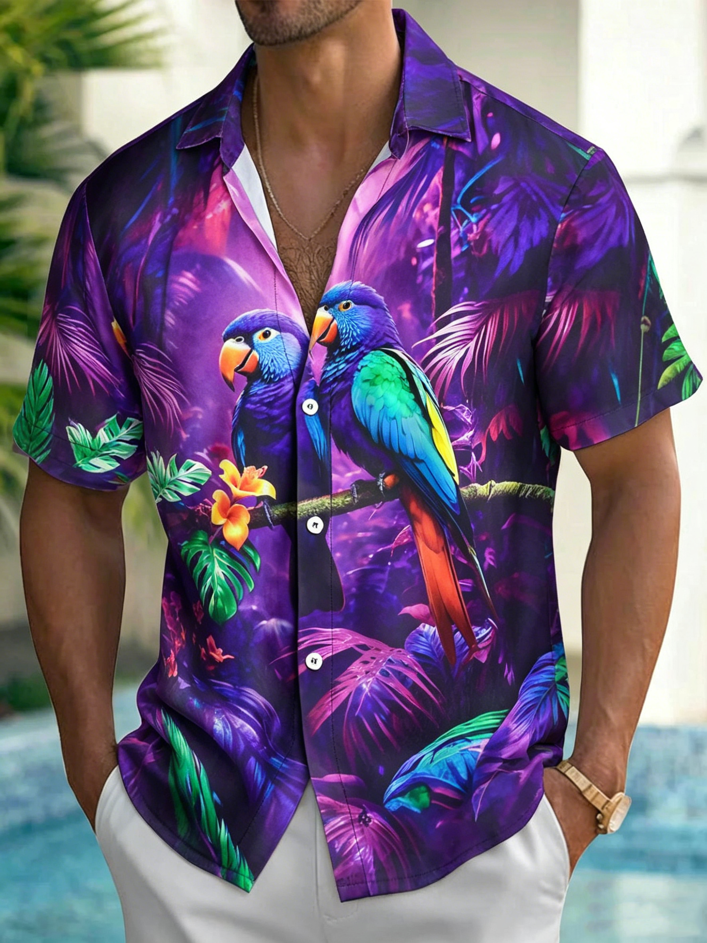 Men Beach Shirts Parrot Hawaiian Button Up Summer Casual Shirts Loose Fit Vacation Tops for Vacation Dating Travel intensely