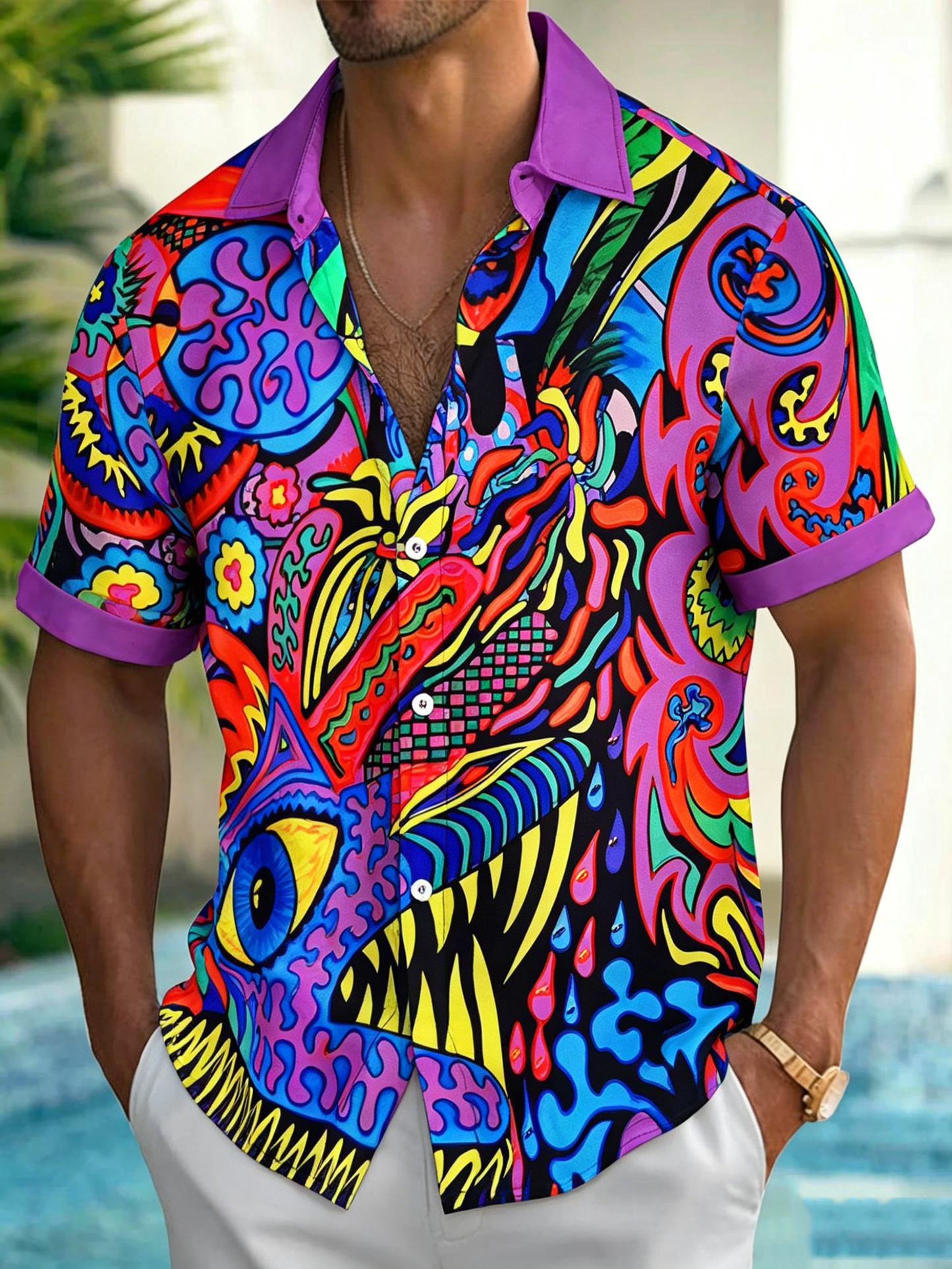 Mens Hawaiian Shirt Abstract Art Print Short Sleeve Button Down Tropical Shirts Summer Beach Tops for Travel Vacation welcoming