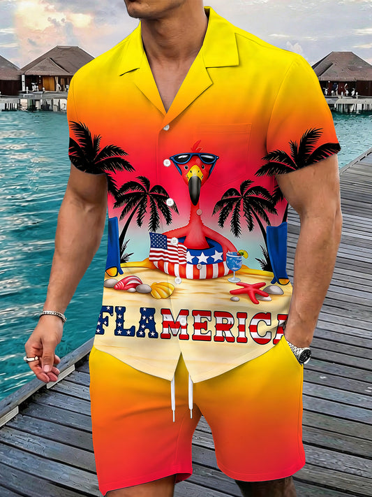 Independence Flamingo Coconut Tree Men's Pocket Short Sleeve Sets