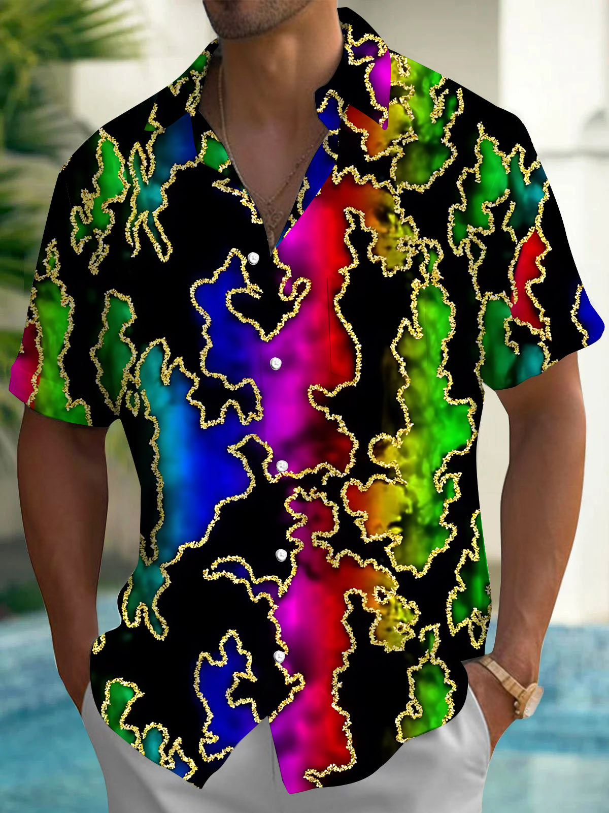 Colorful Gradient Print Men's Pocket Short Sleeve Shirts
