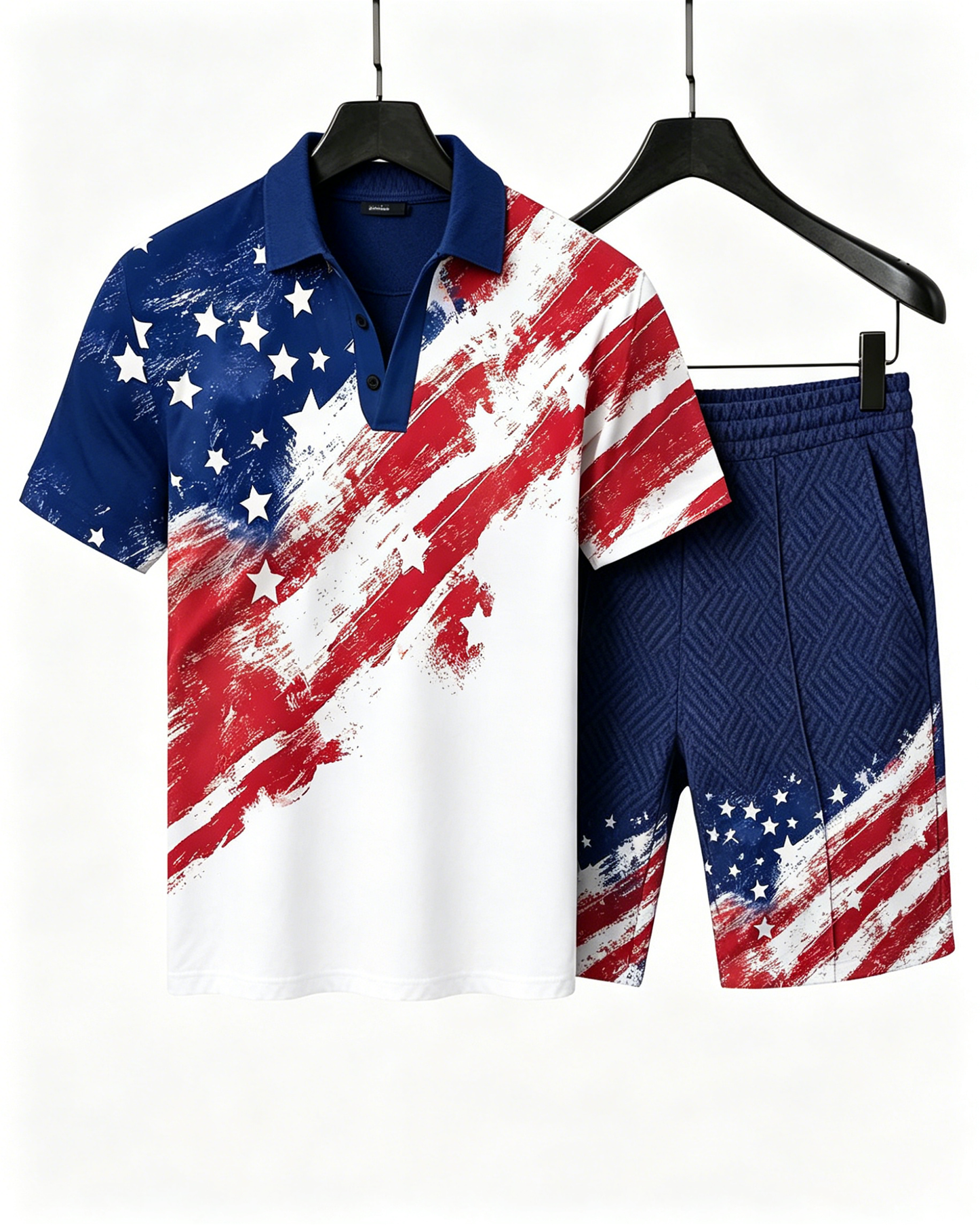 American Flag Print Polo Shirt and Shorts Set for Men
