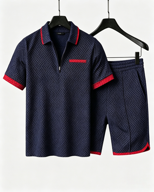 Textured Quarter-Zip Polo and Shorts Set with Red Trim