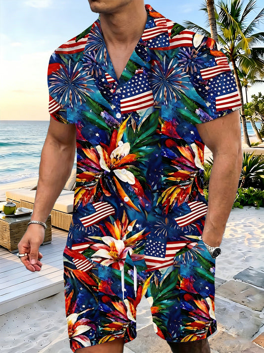 Independence American Flag Floral Men's Pocket Short Sleeve Sets