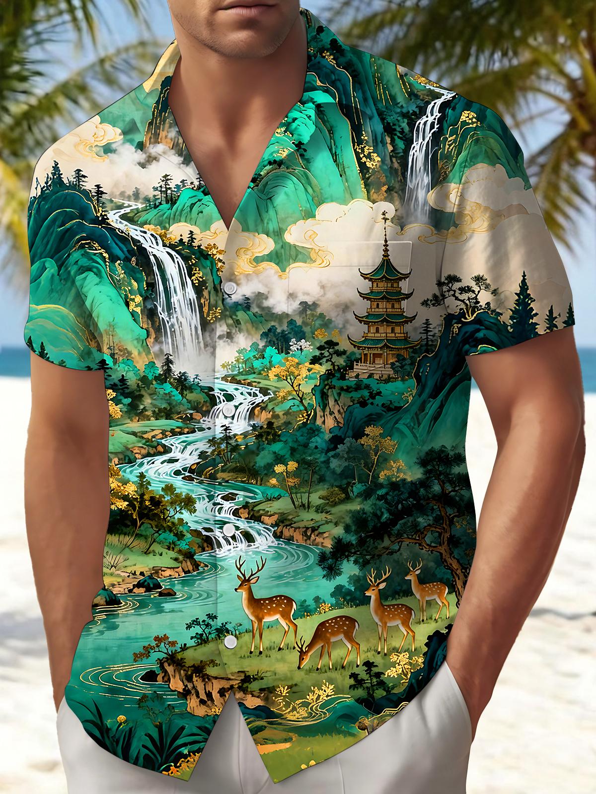 Art Green Landscape With Elk Men's Pocket Short Sleeve Shirts