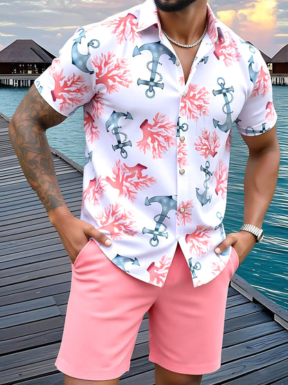 Hawaiian Floral Marine Anchor Men's Short Sleeve Pocket Shirts And Shorts Set