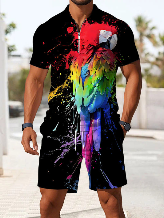 Parrot Print Men's Short Sleeve Zipper Polo And Shorts Set