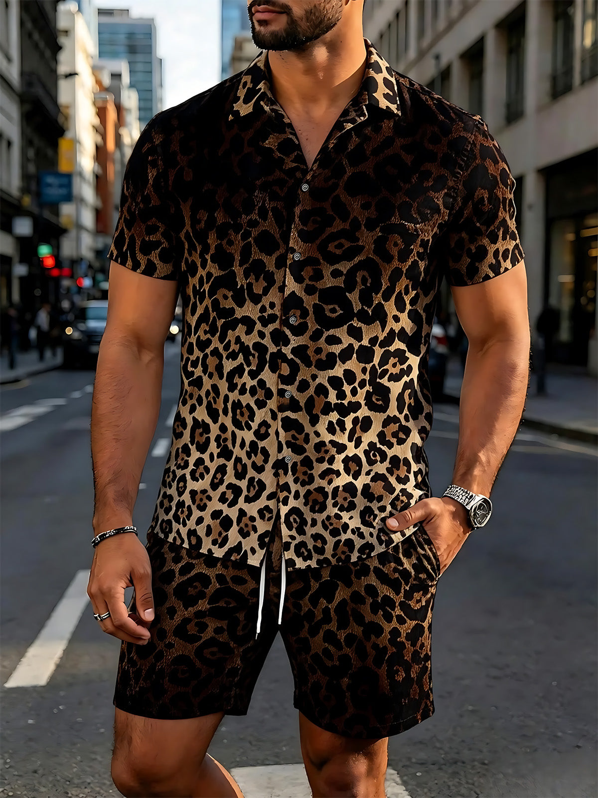 Gradient leopard print men's suit: short-sleeved collared shirt + shorts