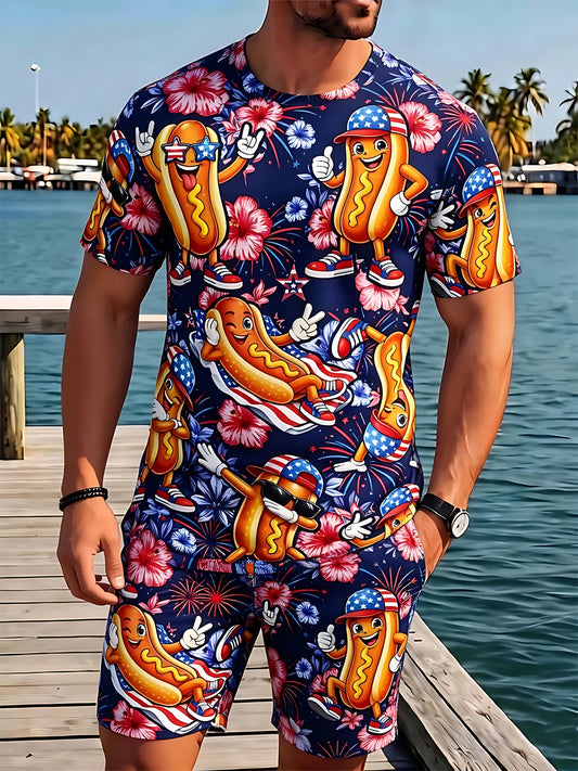 Independence Hot Dog Men's Short Sleeve Round Neck T-shirt And Shorts Set