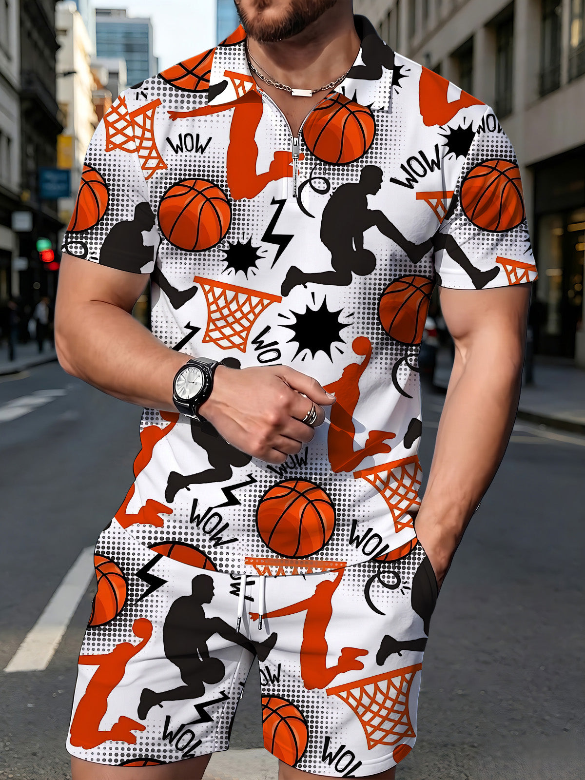 Basketball Print Men's Short Sleeve Zipper Polo And Shorts Set
