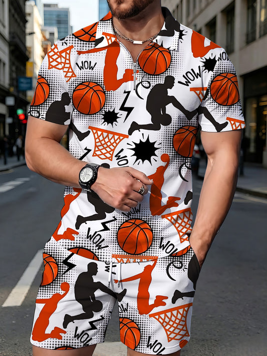 Basketball Print Men's Short Sleeve Zipper Polo And Shorts Set