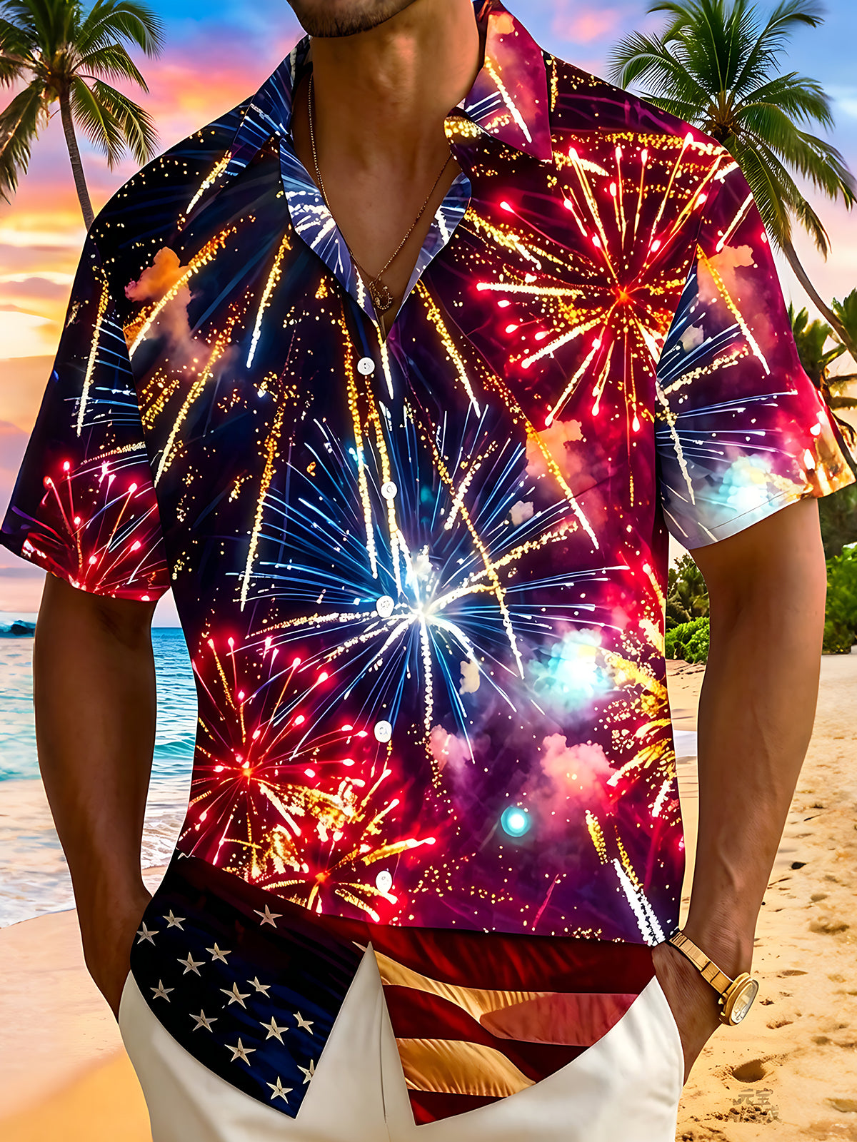 America Independence Day Colorful Fireworks Flag Men's Pocket Short Sleeve Shirts
