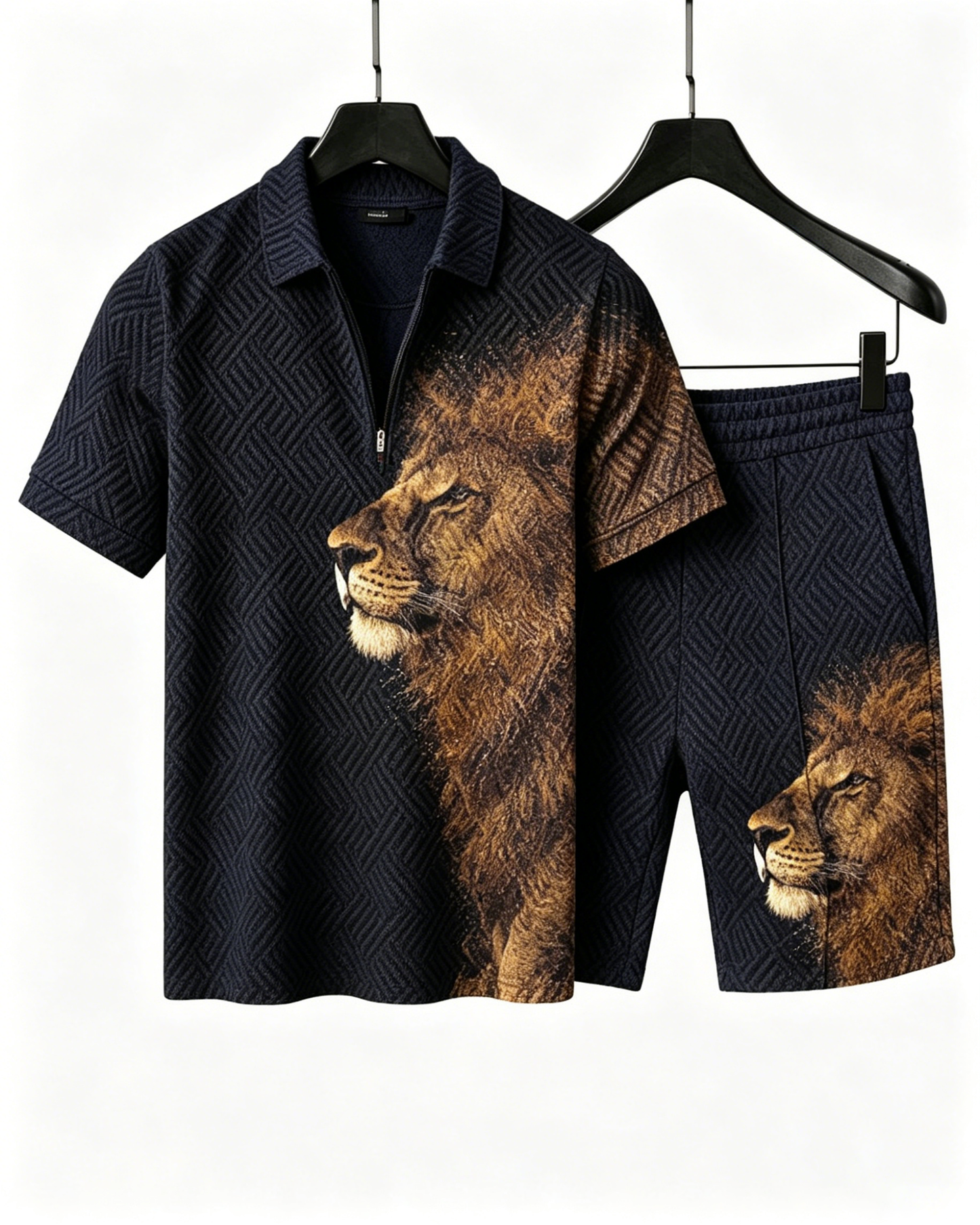Lion Print Textured Polo and Shorts Set for Men