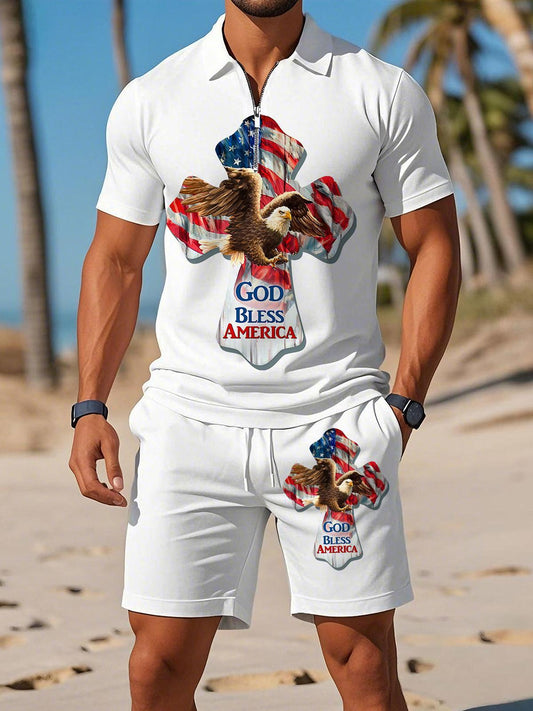 Independence Day Eagle Cross Print Men's Short Sleeve Zipper Polo Set