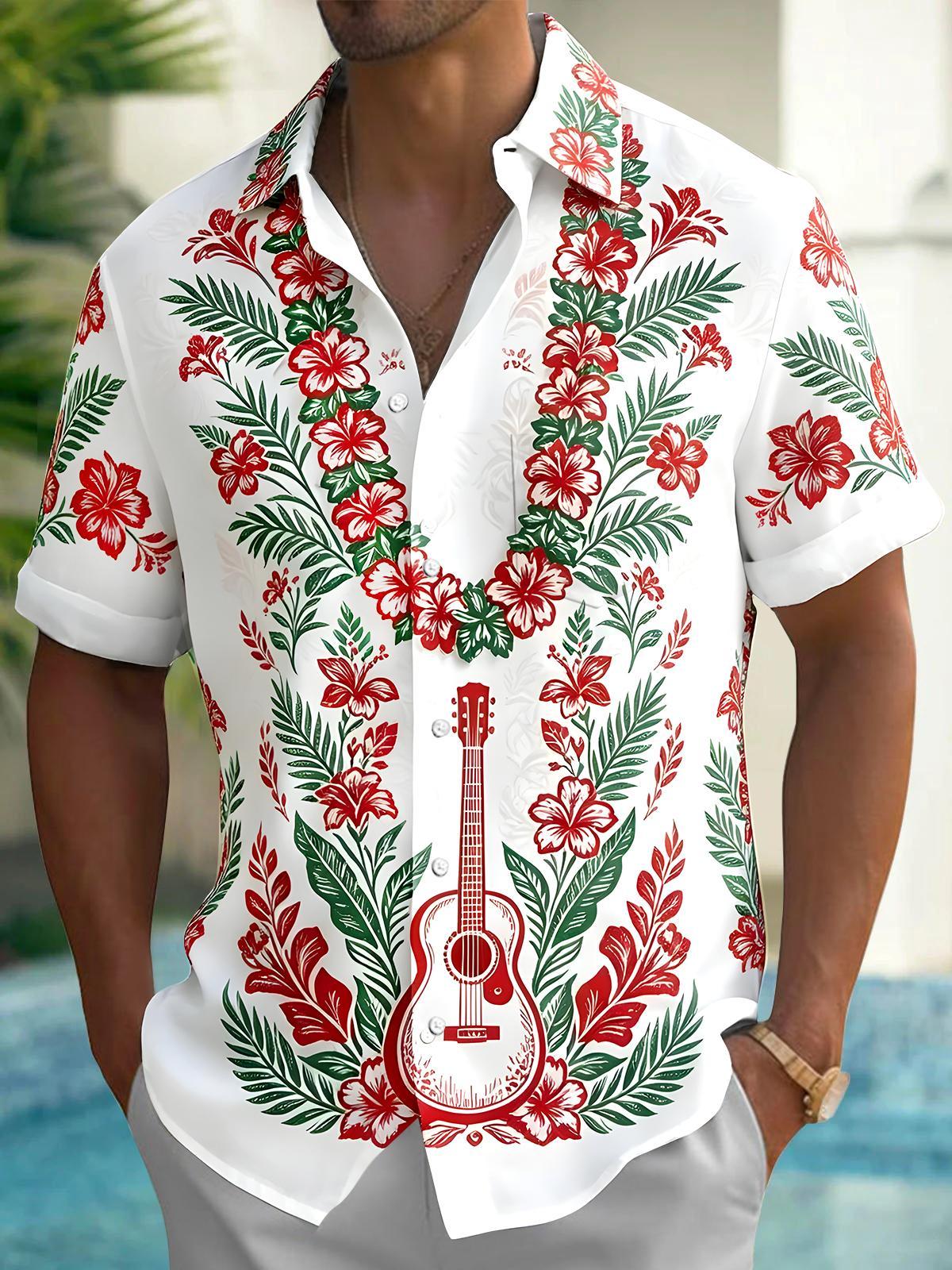 Hawaiian Guitar Floral Men's Pocket Short Sleeve Shirts