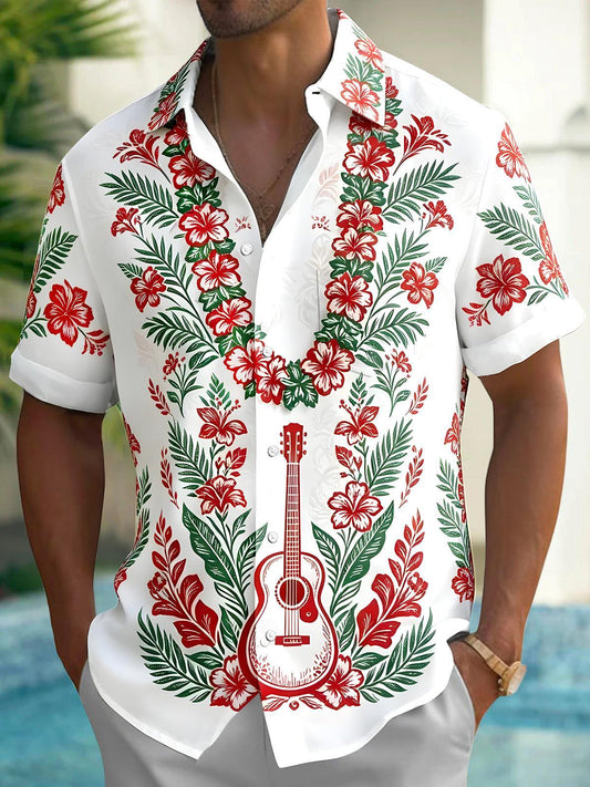 Hawaiian Guitar Floral Men's Pocket Short Sleeve Shirts