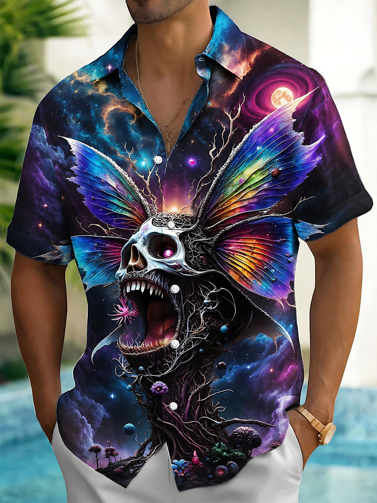 Dark Cosmic Skull Butterfly Wings Fantasy Men's Pocket Short Sleeve Shirts