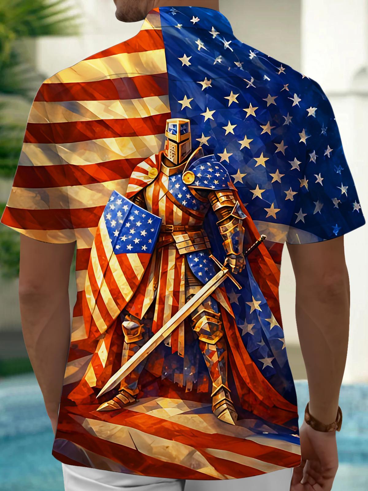 American Flag Knight Independence Day Men's Pocket Short Sleeve Shirts