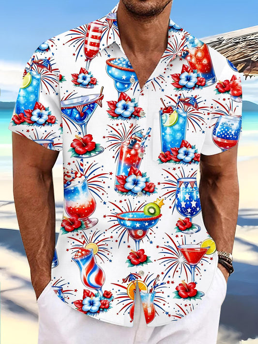 Independence Day cocktail American Flag Flower Print Men's Pocket Short Sleeve Shirts