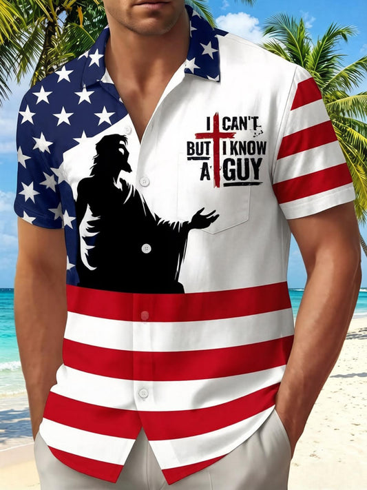American Flag Jesus Faith Religion Independence Day Men's Pocket Short Sleeve Shirts