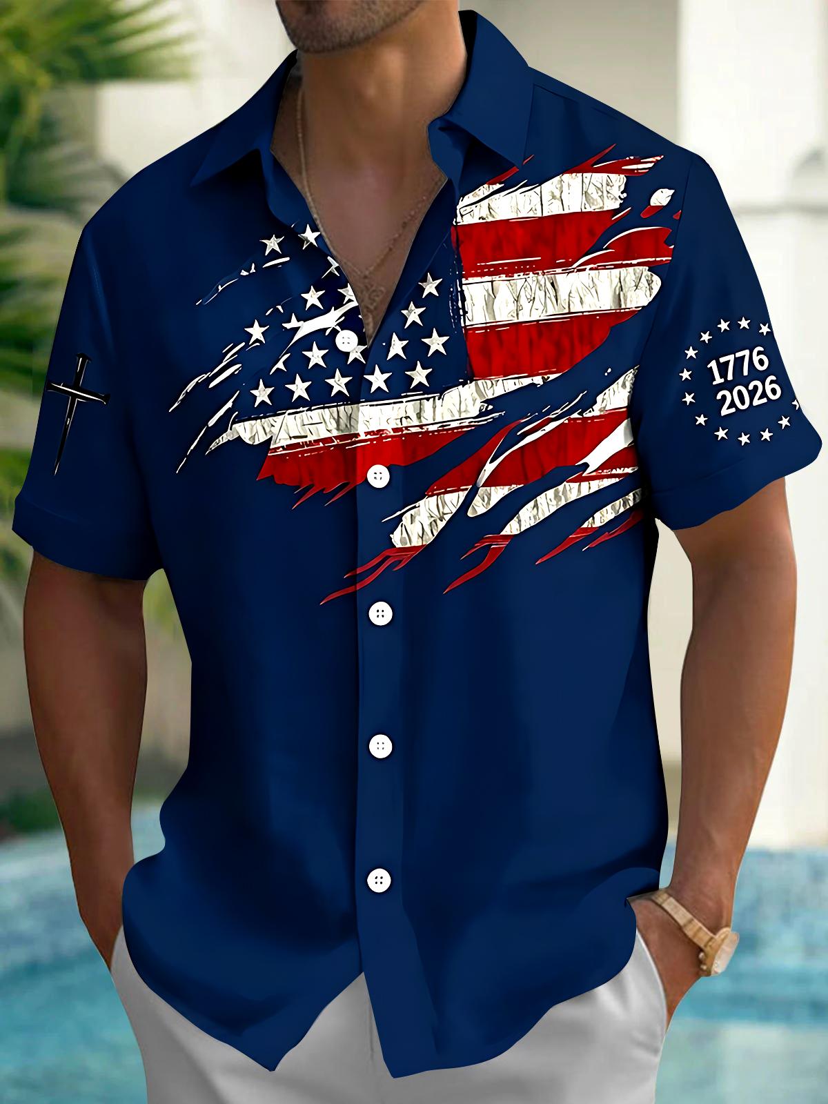 Independence American Flag Men's Pocket Short Sleeve Shirts