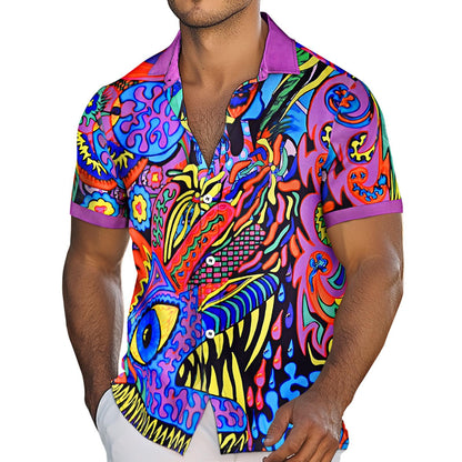 Mens Hawaiian Shirt Abstract Art Print Short Sleeve Button Down Tropical Shirts Summer Beach Tops for Travel Vacation welcoming