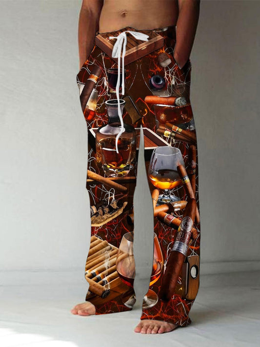 Cigar Wine Print Men's Casual Elastic Waist Pants