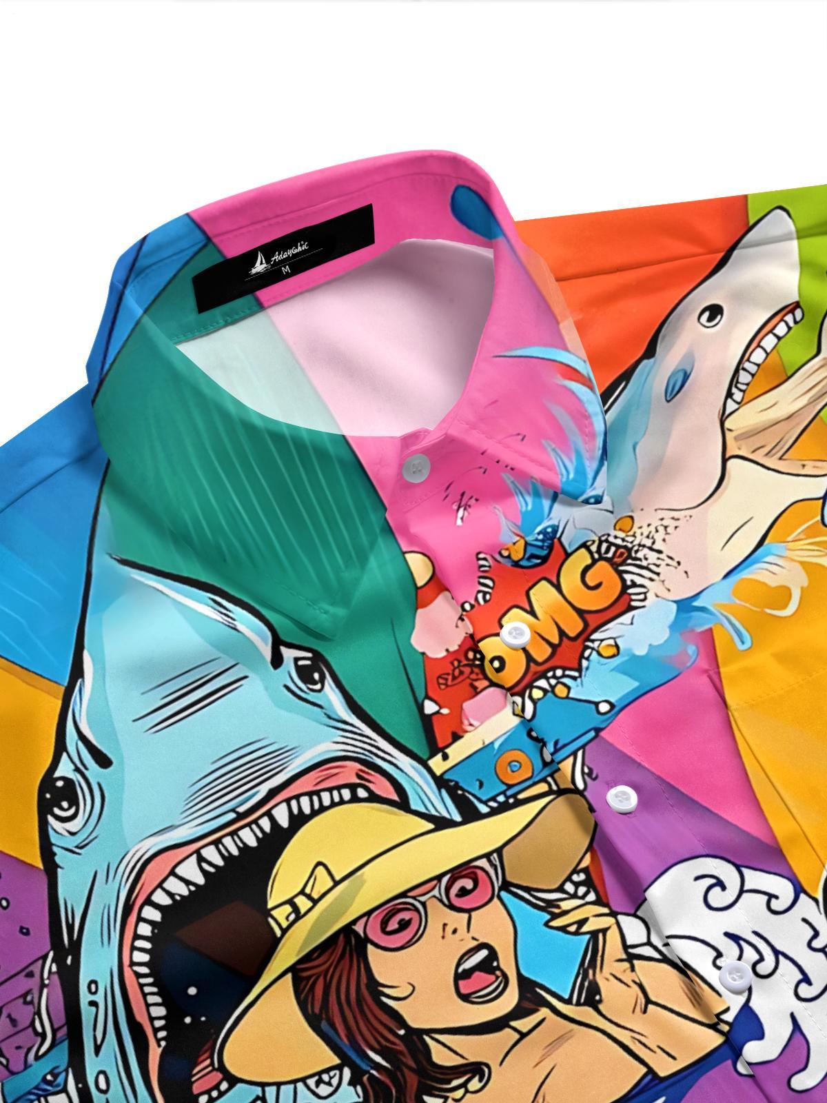 Shark Sailboat Art Print Men's Pocket Short Sleeve Shirts