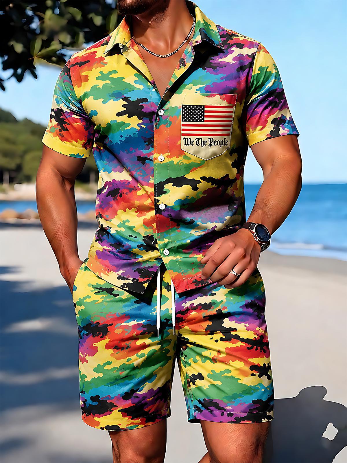 Colorful Camouflage American Flag Pride Month Men's Short Sleeve Pocket Shirts And Shorts Set