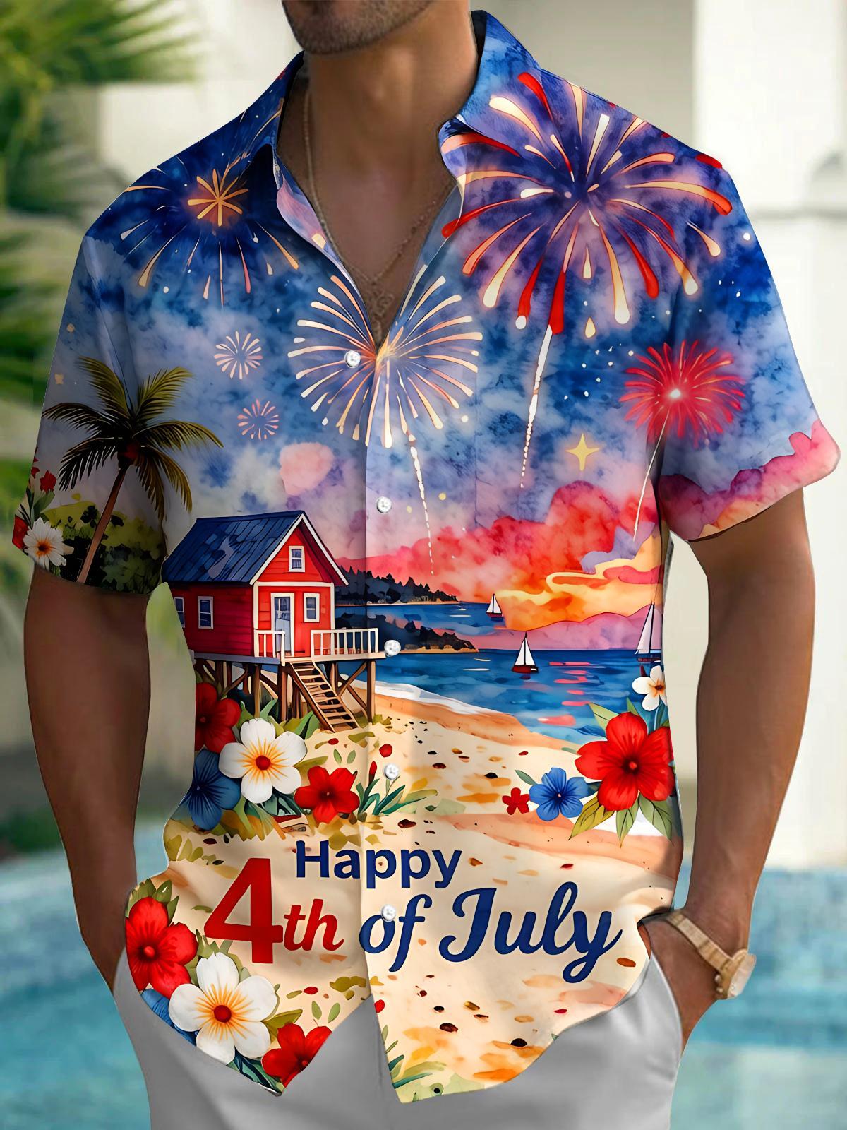 Independence Day Hawaiian Seaside Fireworks Men's Pocket Short Sleeve Shirts
