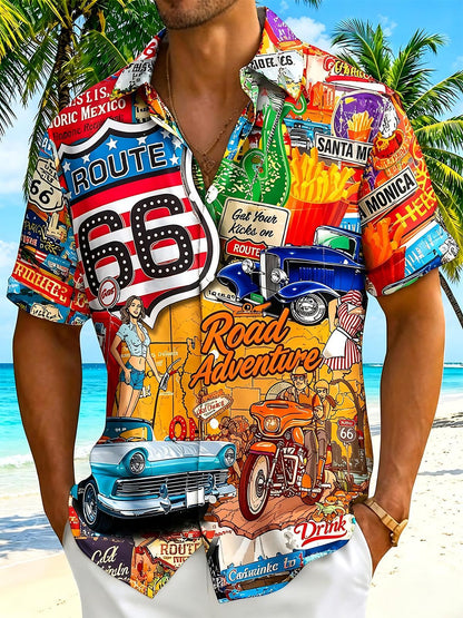 Route 66 Retro Collage Men's Pocket Short Sleeve Shirts