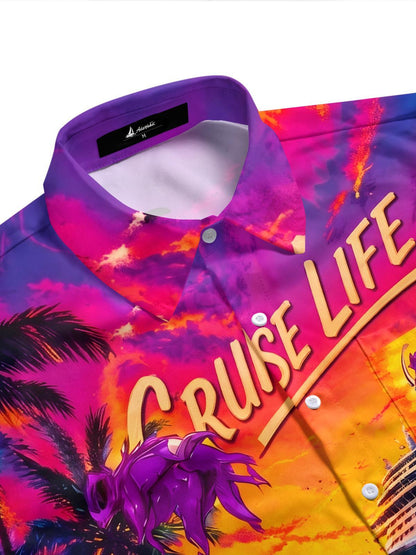 Hawaiian Tropic Cruise Life Adventure Golden Sunset Voyage Tropical Beach Elements Men's Pocket Short Sleeve Shirts