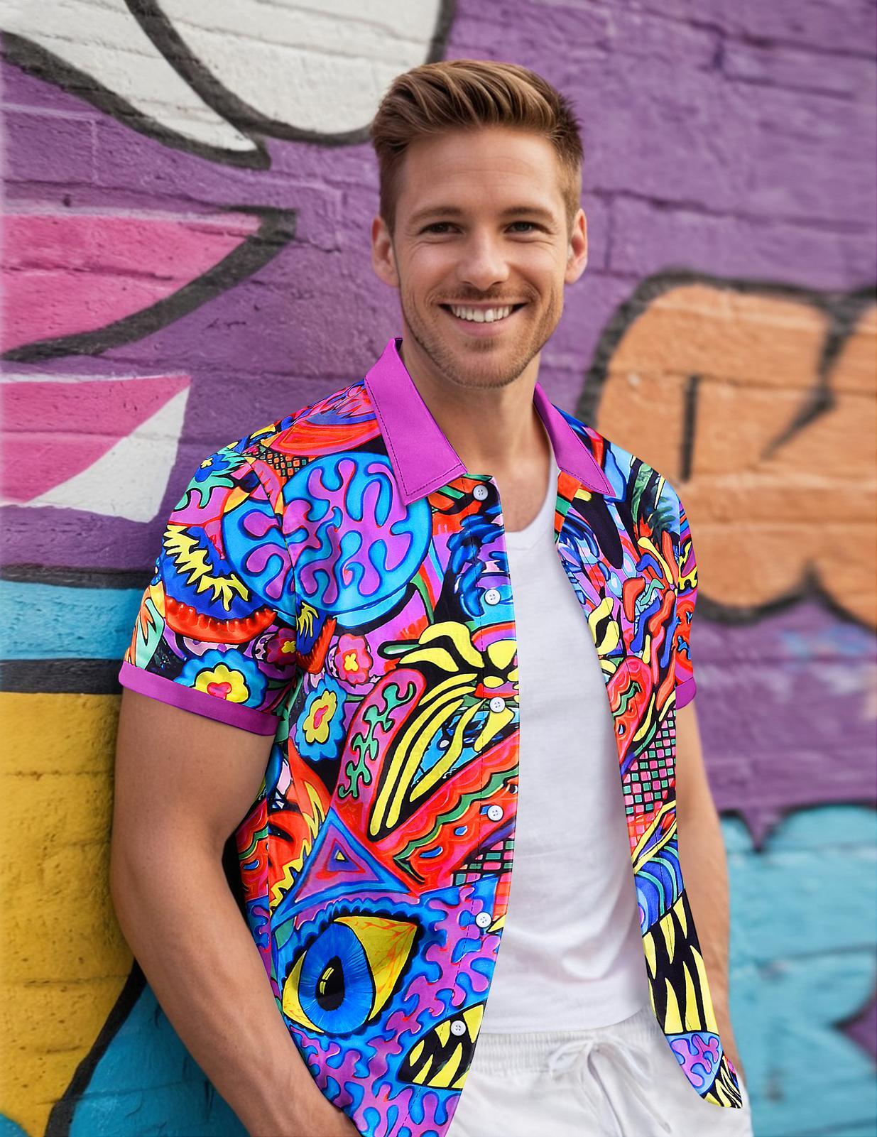 Mens Hawaiian Shirt Abstract Art Print Short Sleeve Button Down Tropical Shirts Summer Beach Tops for Travel Vacation welcoming