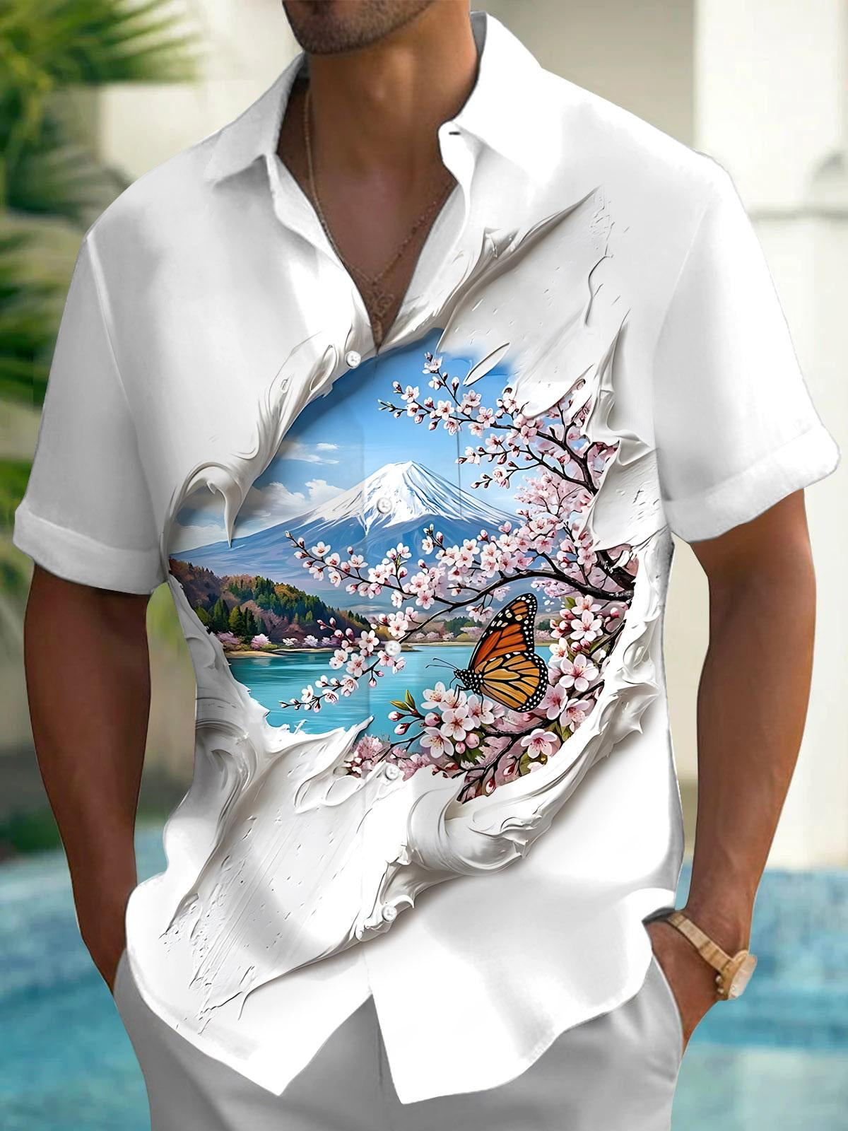 Mount Fuji Sakura Butterfly Landscape Print Men's Pocket Short Sleeve Shirts